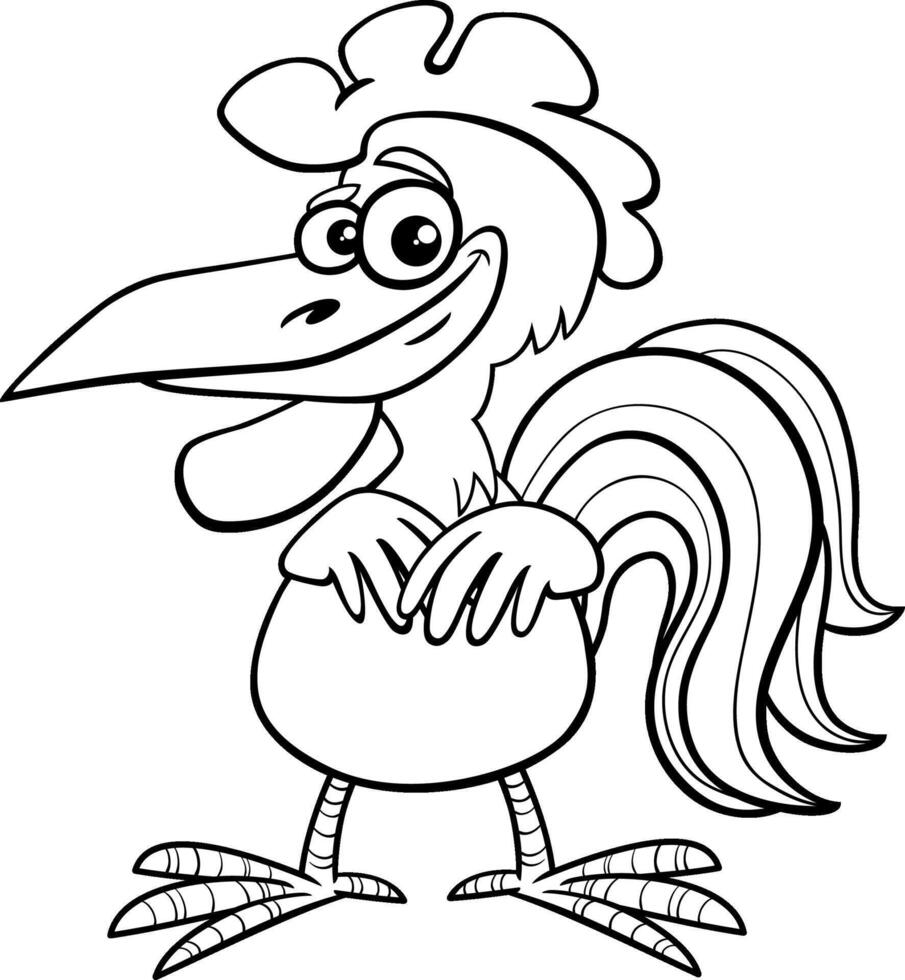 funny cartoon rooster bird farm animal character coloring page vector