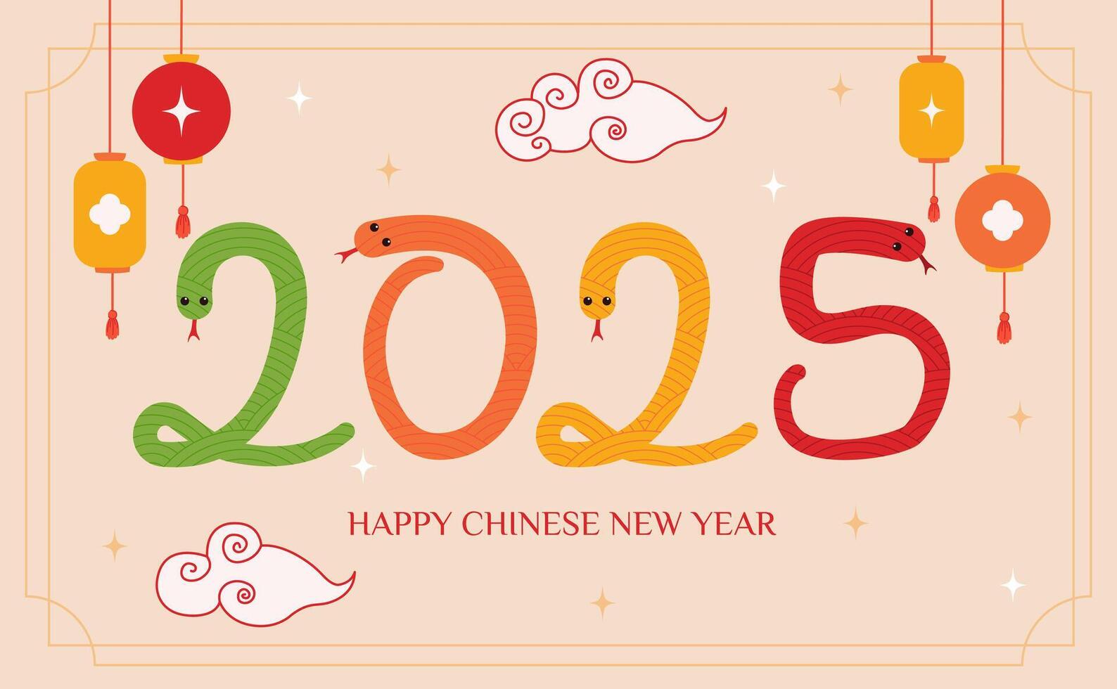 2025 year of the snake. Lunar new year banner. Chinese traditional lanterns and clouds. Asia oriental traditional greeting card vector