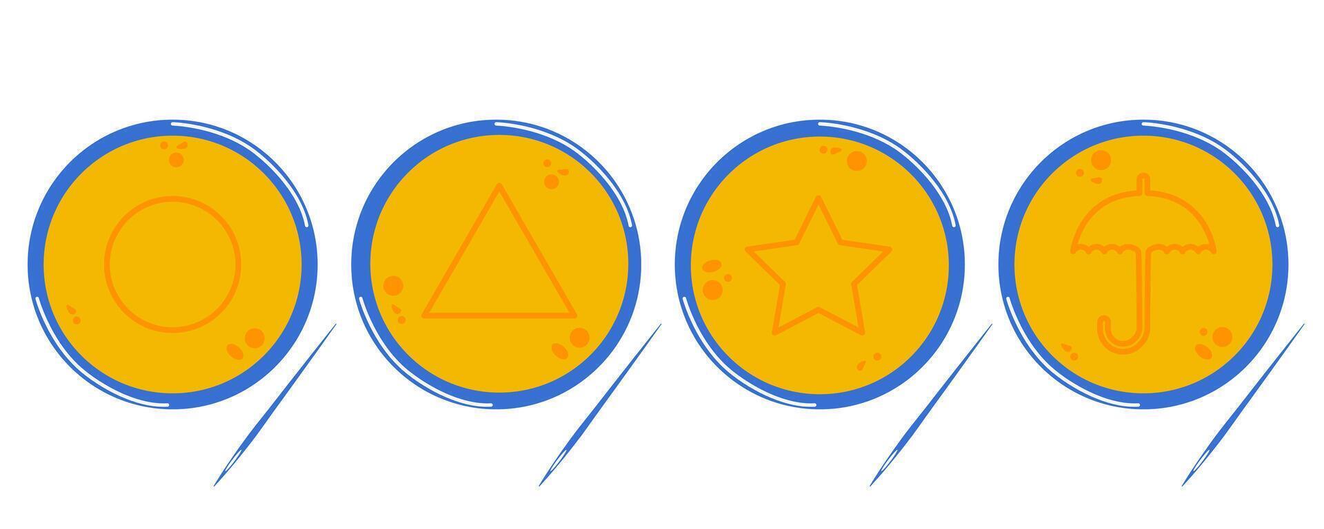 Korean Dalgona sugar toffees, sweets with signs triangle, circle, umbrella and star. vector