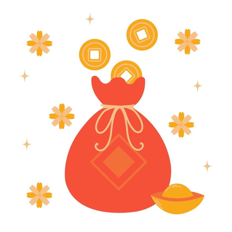 Chinese money bag with a lot of gold coins. Spring festival, lunar new year, Chinese new year concept. vector