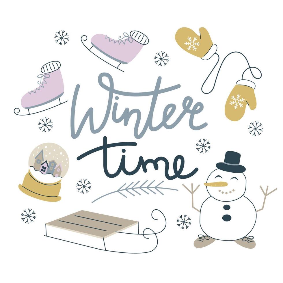 Hello winter poster template. Lettering with winter elements for sale banner, motivational quote, cozy winter, flyer, web banner, invitation Isolated on white background. vector