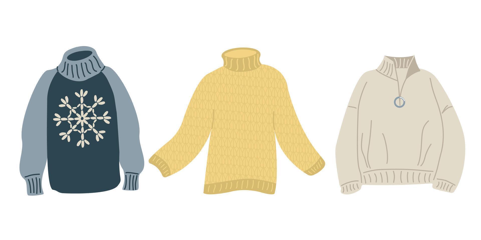 Warm cozy sweaters set. Cartoon cute wool jumper. Knitted tacky winter sweater pullover. December clothes isolated icon collection. vector