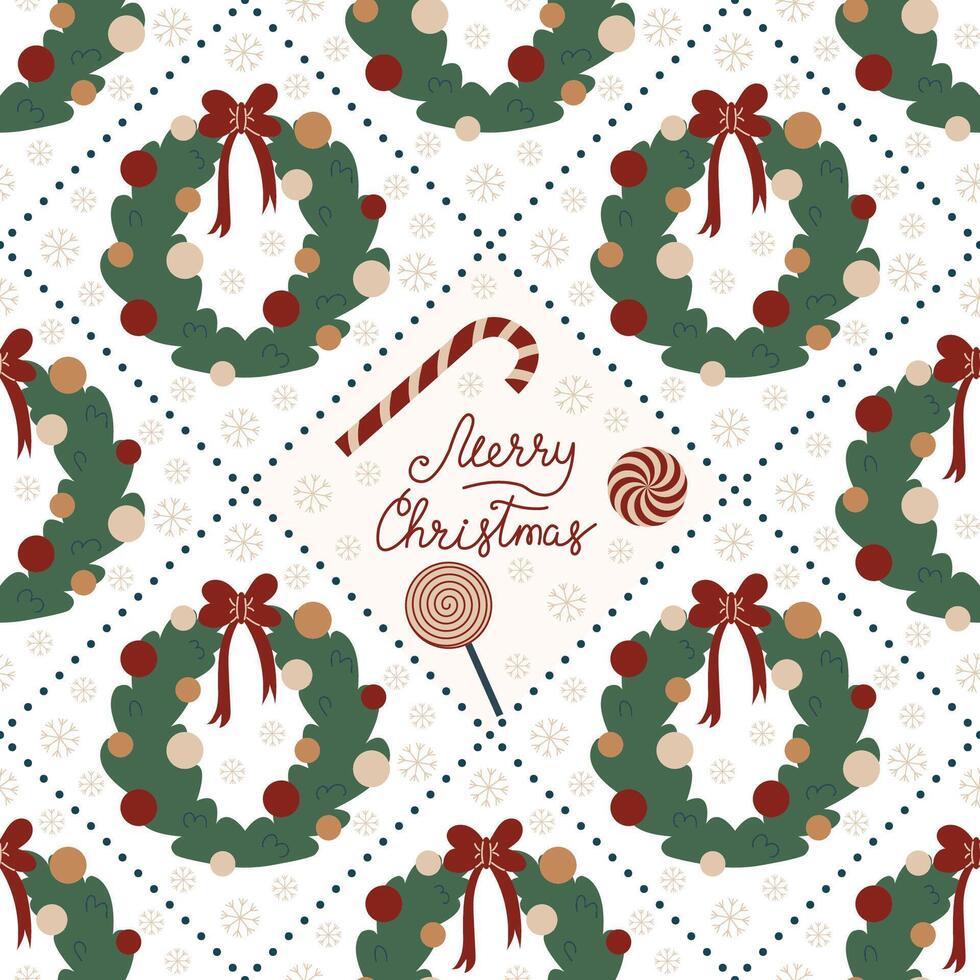 Simple Christmas seamless pattern. Merry Christmas wishes and wreath illustration. Pattern in background. vector