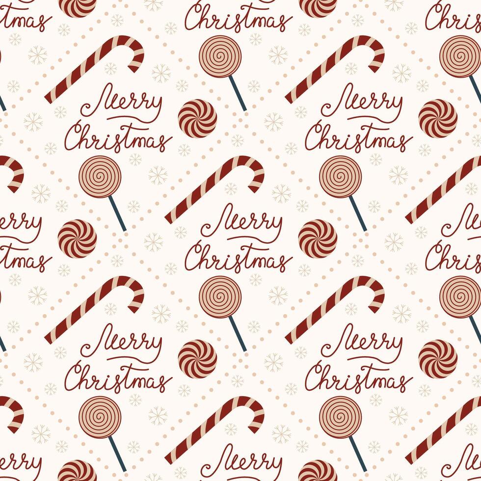 Simple Christmas seamless pattern. Merry Christmas wishes and candys. Pattern in background. vector