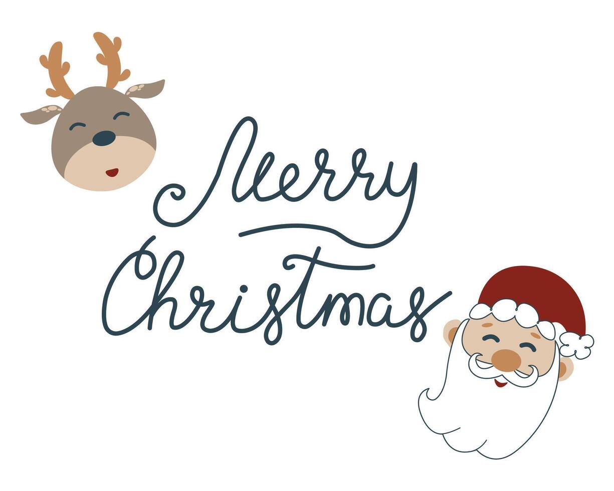 Merry Christmas hand lettering calligraphy with Christmas deer and Santa Claus isolated on white background. Xmas lettering design. Creative lettering for greeting card, postcard, poster, banner. vector