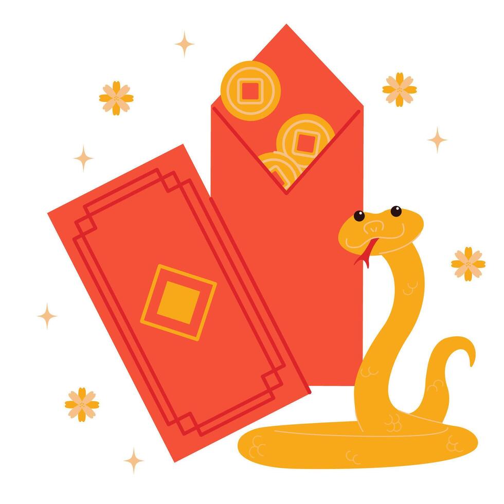 Greeting card with gold snake, money and red envelope. Big red packet, gift to Chinese New Year. Animal zodiac symbol of 2025. vector