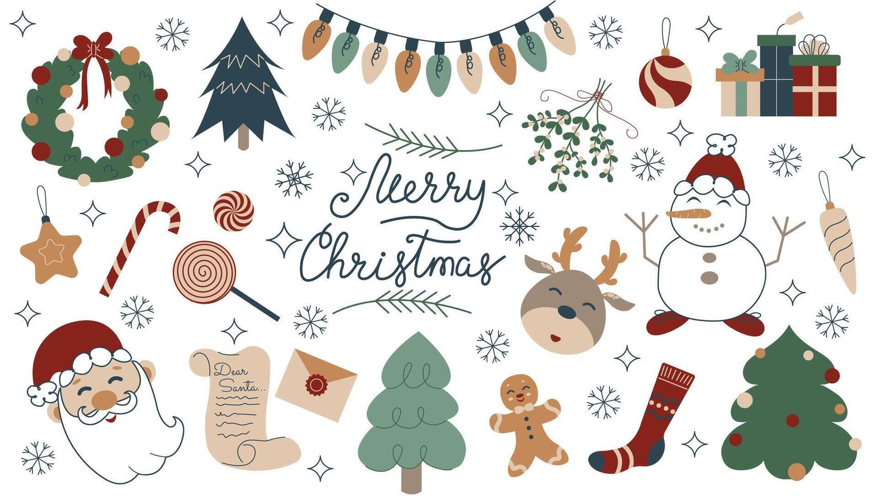 Hand drawn cute cartoon illustration of Christmas elements set. Flat winter holidays stickers collection in colored doodle style. New Year, Xmas icon or print. Isolated on white background vector