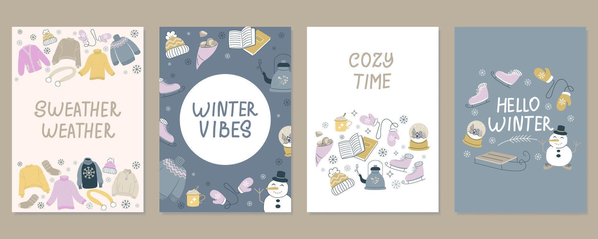 Set of Christmas cards, hand drawn cute flyers. Postcards with lettering and cute winter elements. Flat illustrations vector