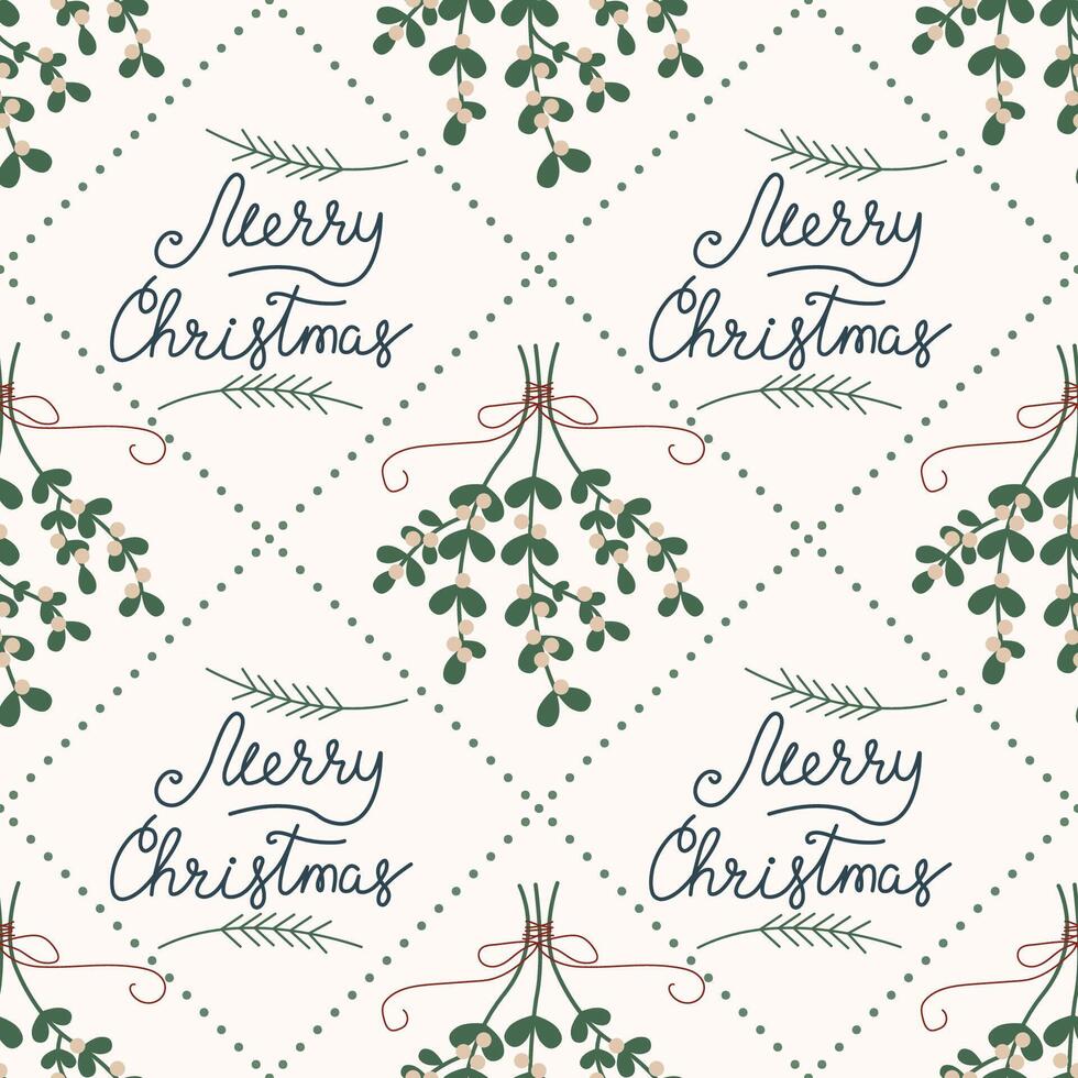 Simple Christmas seamless pattern. Merry Christmas wishes and mistletoe illustration. Pattern in background. vector