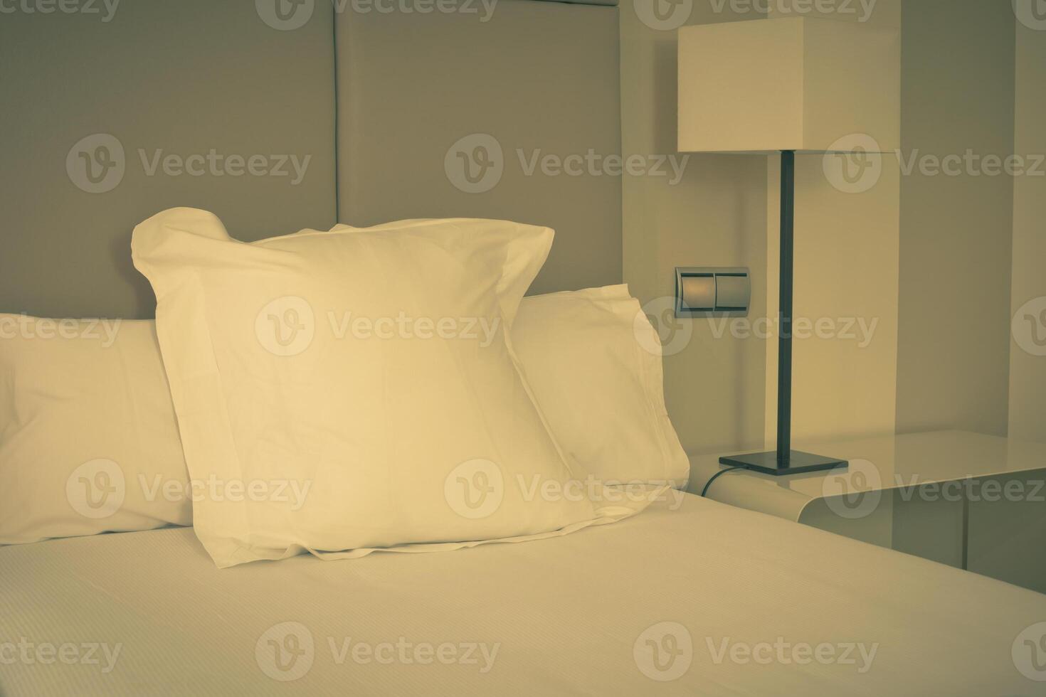 Prepared fresh bed, scene in hotel room photo