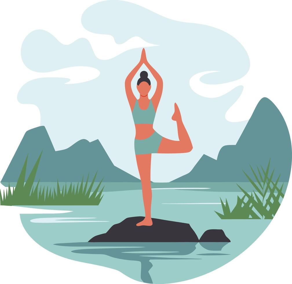 Yoga Pose Silhouette on Lake at Dawn with Mountains and Nature Scene vector