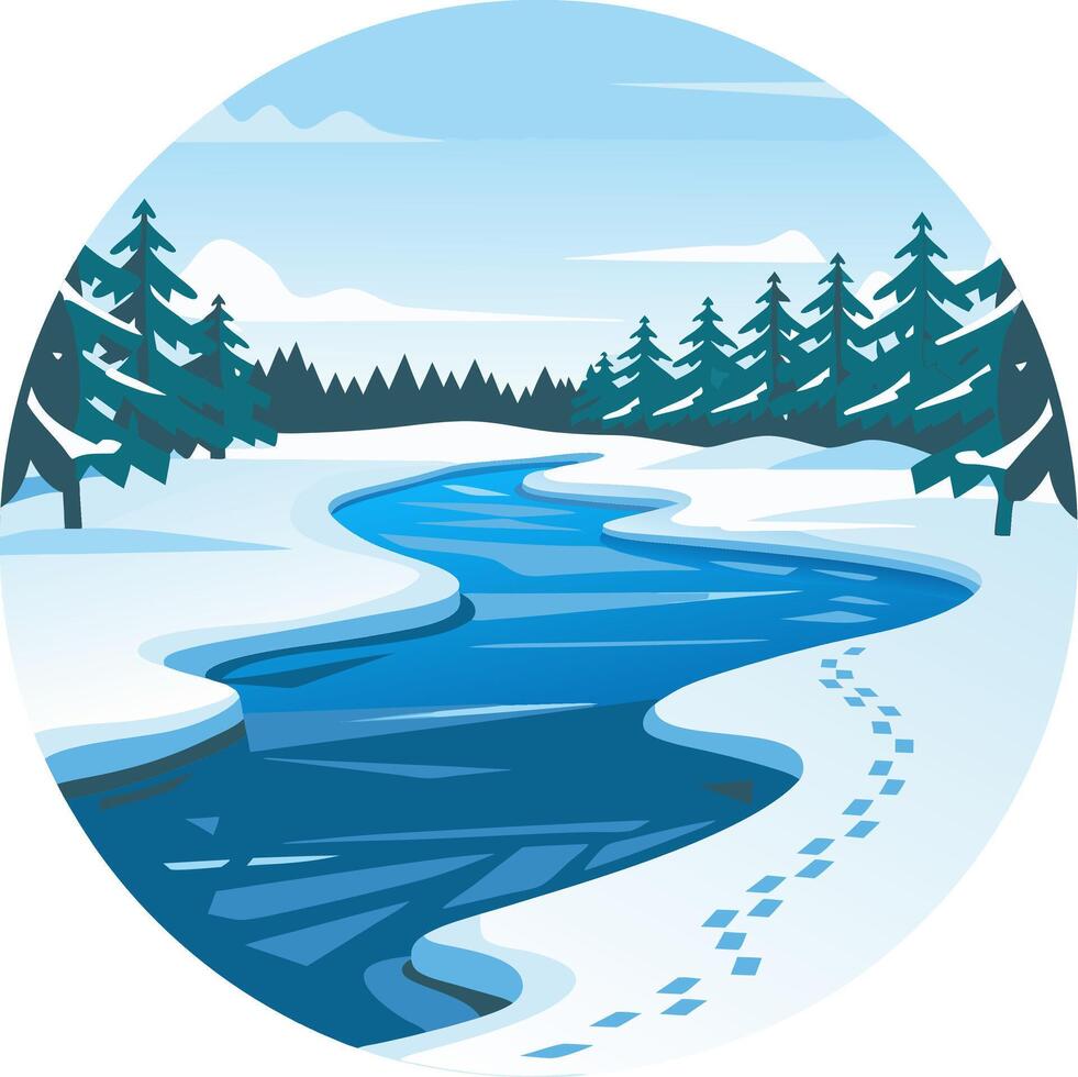 Winter Landscape with Snow Covered River and Pine Trees vector