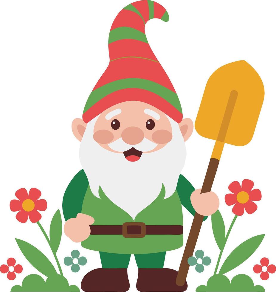 Whimsical Garden Gnome with Shovel in Flower Bed Illustration vector
