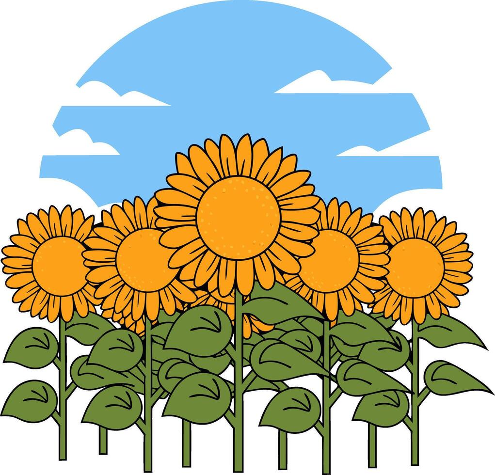 Vibrant Sunflower Field with Blue Sky and Clouds vector