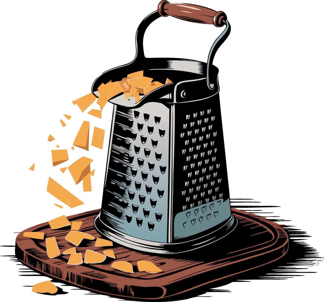 Vintage Cheese Grater with Wooden Handle and Cheese Chunks Illustration vector