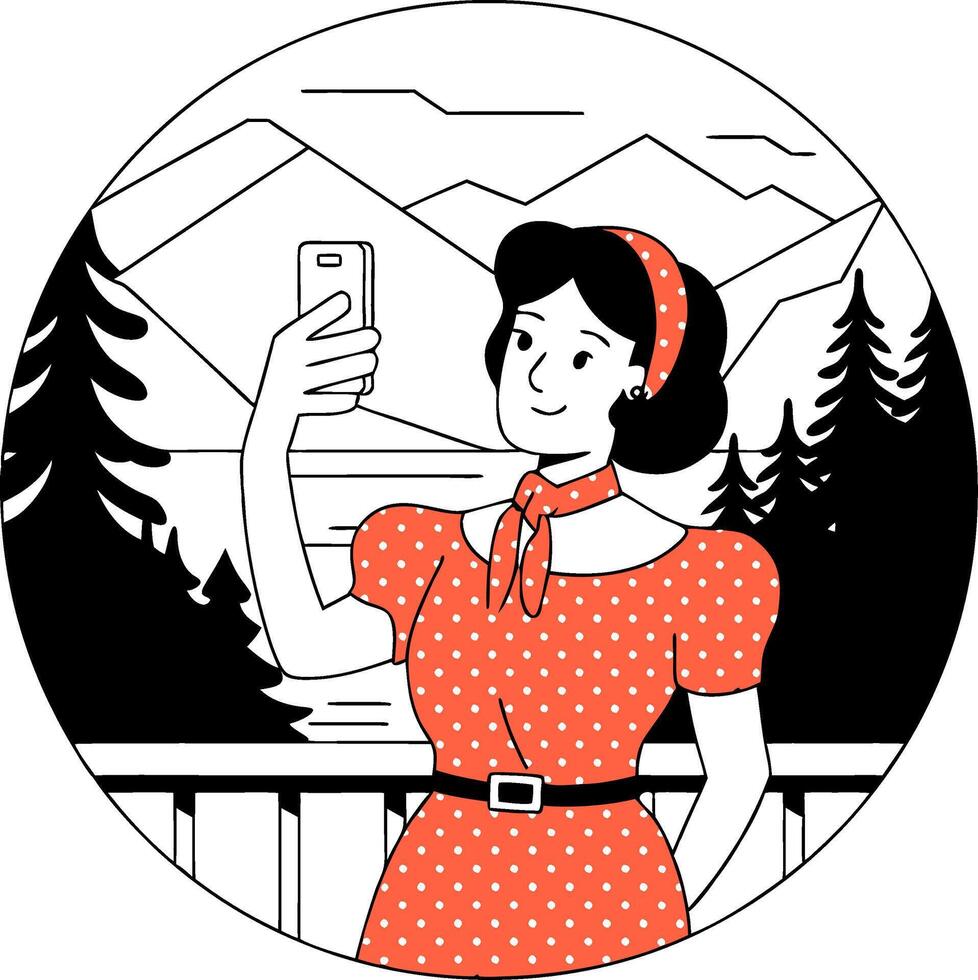 Woman Taking Selfie on Mountain Balcony Art vector