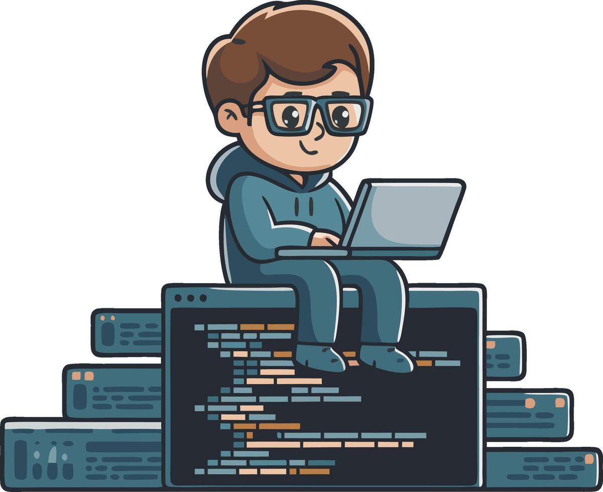 Young Programmer Illustration Coding on Laptop with Debugging Screens vector