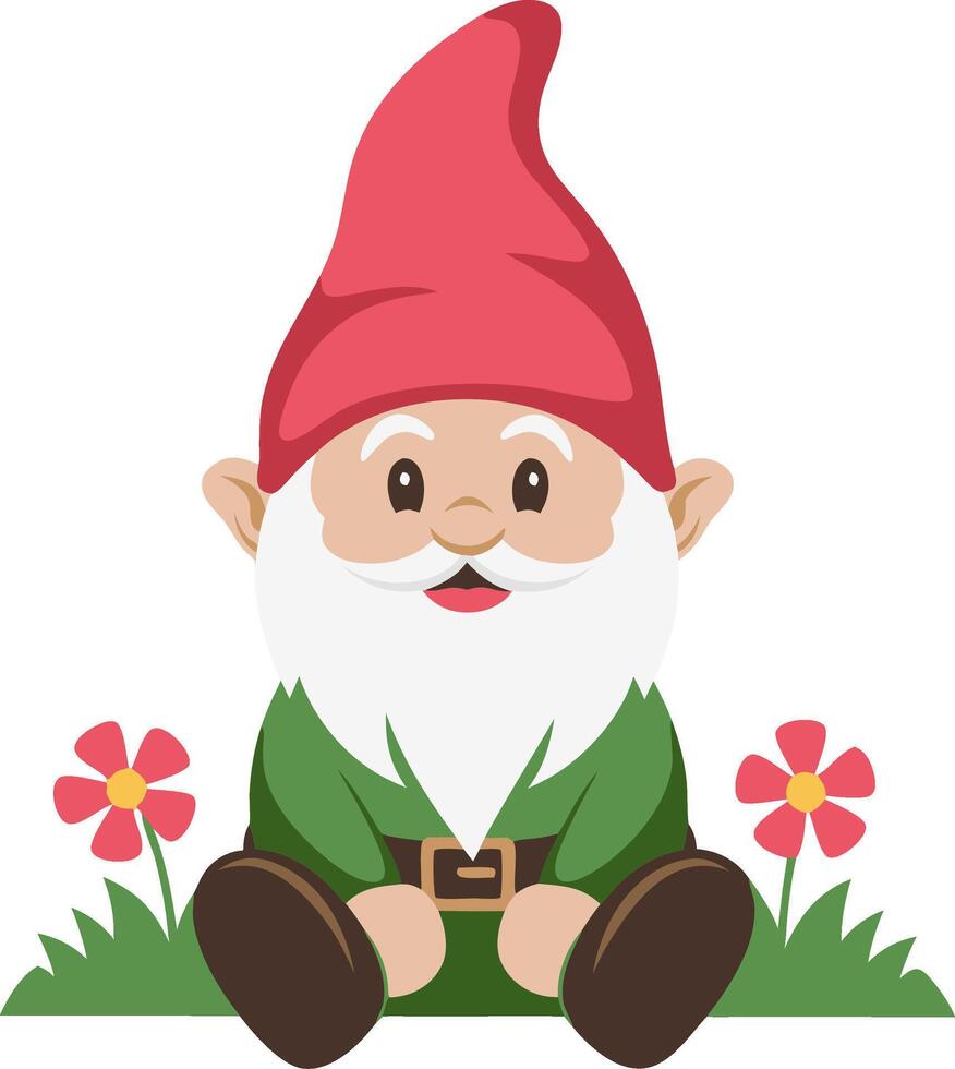 Whimsical Garden Gnome Illustration with Grass and Flowers vector