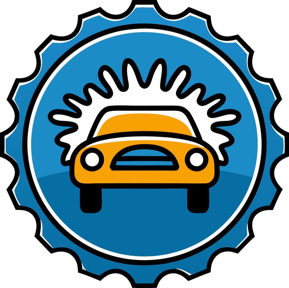 Vibrant Yellow Car with Radiant Sunburst Emblem in Blue Badge Design vector