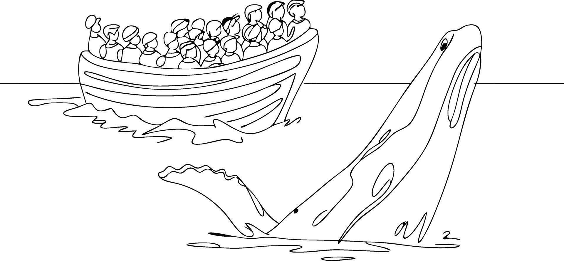 Whale Watching Adventure People in Boat with Whale Breaching Epic Sea Journey Art vector