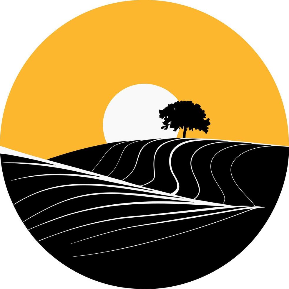 Vibrant Sunset Over Field Landscape with Silhouette Tree vector