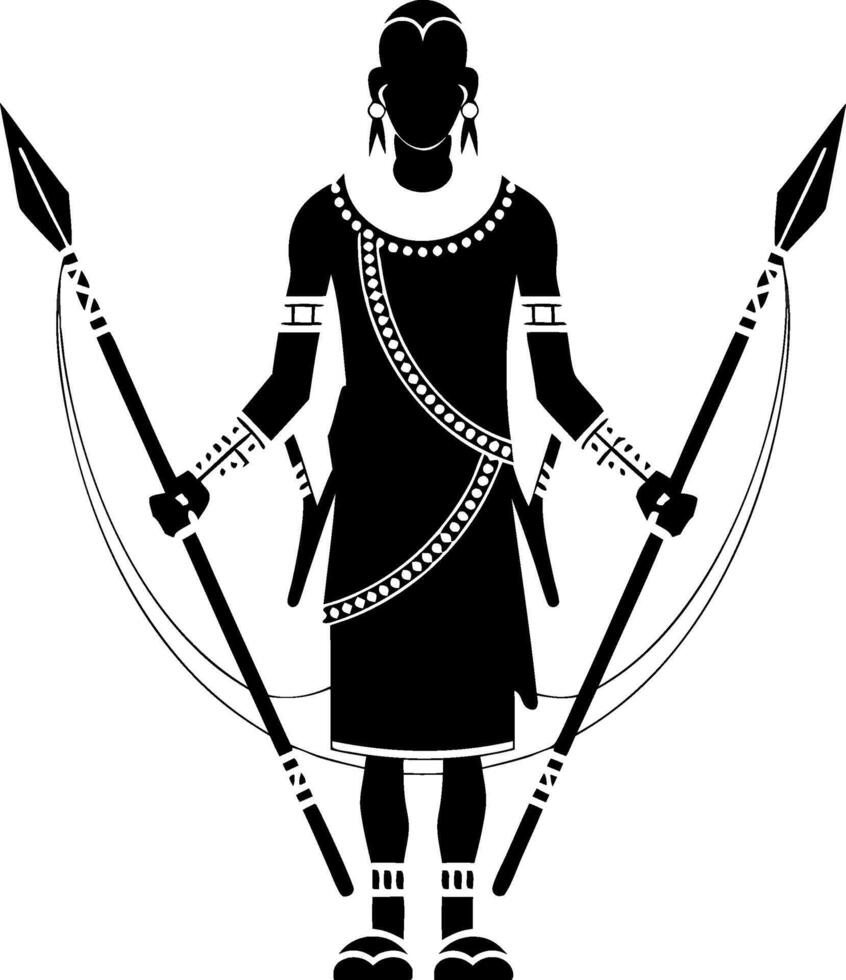 Warrior Silhouette Illustration with Spear Traditional Tribal Art vector