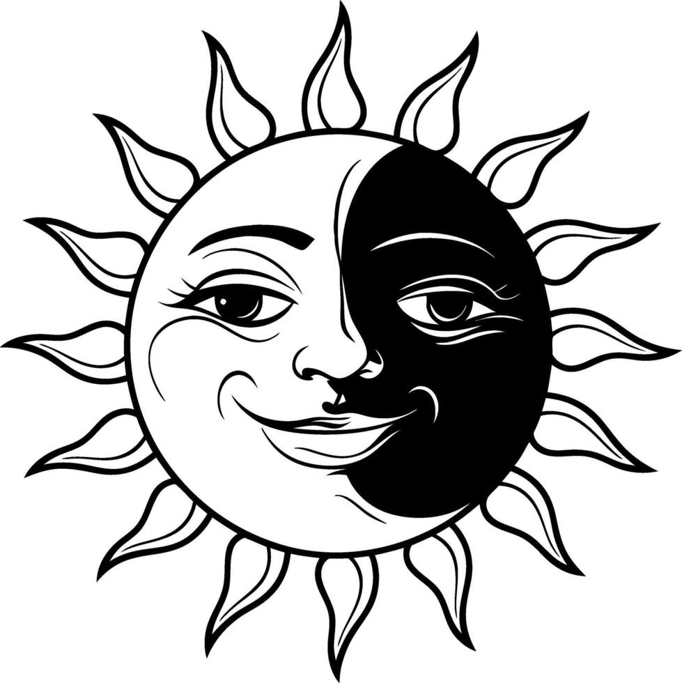 Vintage Sun and Moon Face Illustration Symbolizing Harmony and Balance vector