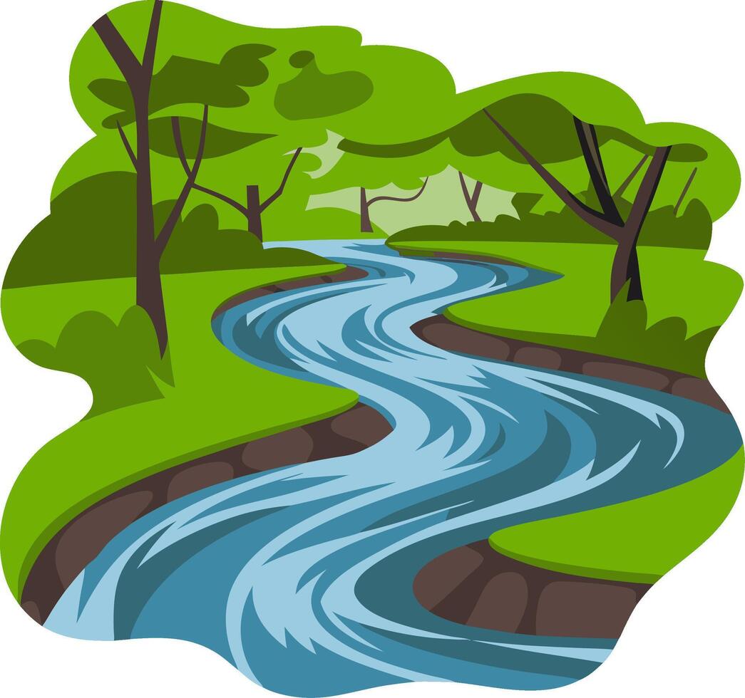 Illustration of Serene Flowing River in Lush Green Forest Landscape Scene vector
