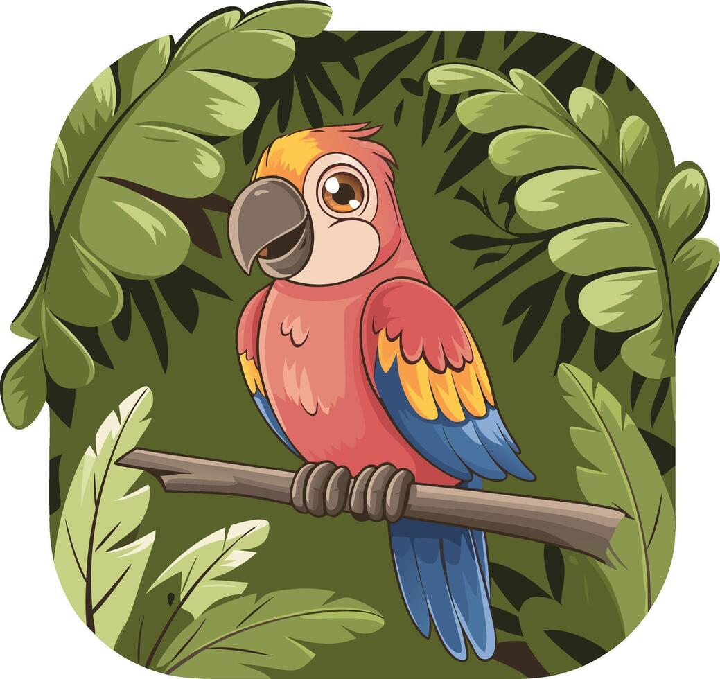 Vibrant Parrot Perched Amidst Lush Jungle Foliage Illustration vector