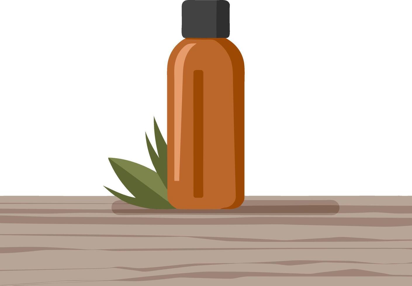 Illustration Amber Bottle with Black Cap and Green Leaves on Wooden Surface vector