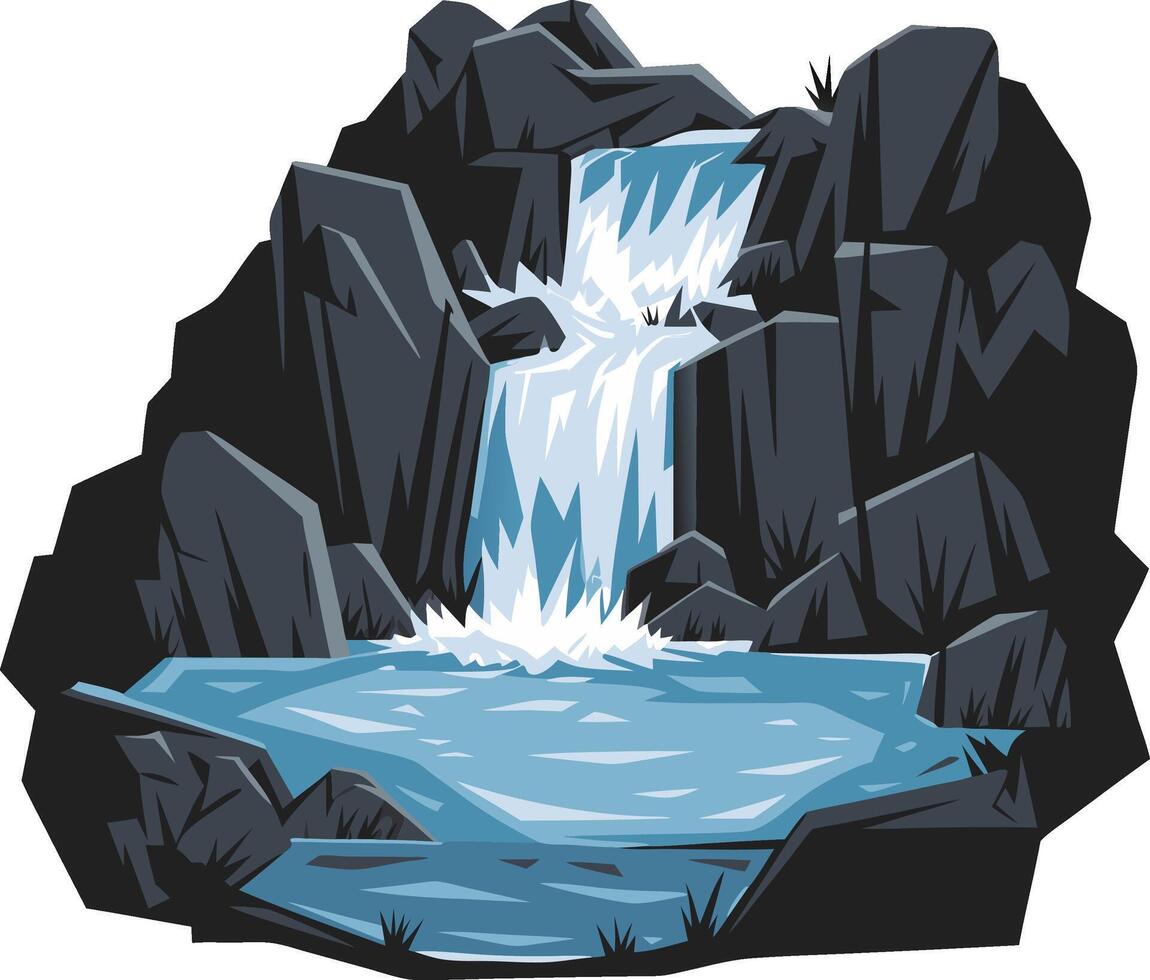 Illustration of Cascade Waterfall Flowing Over Dark Rocks into Pool vector