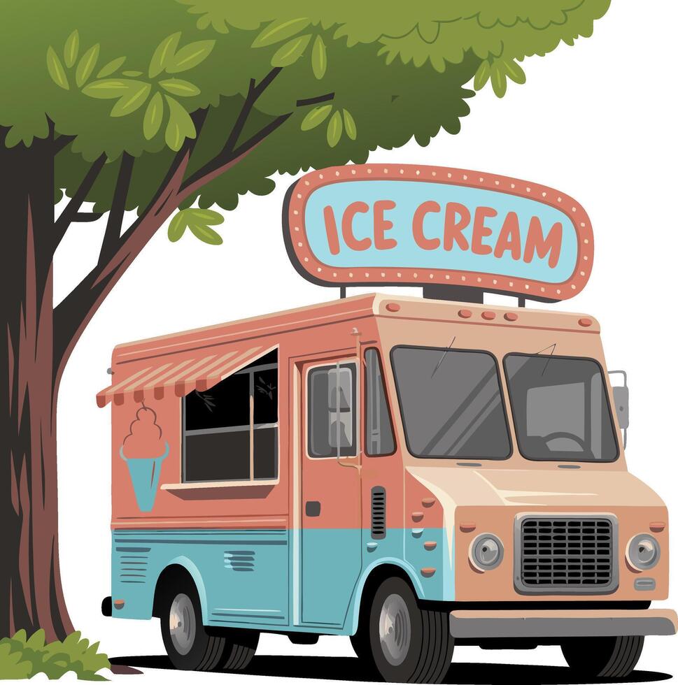 Vibrant Ice Cream Truck Illustration Under Tree Summer Vibes Art vector