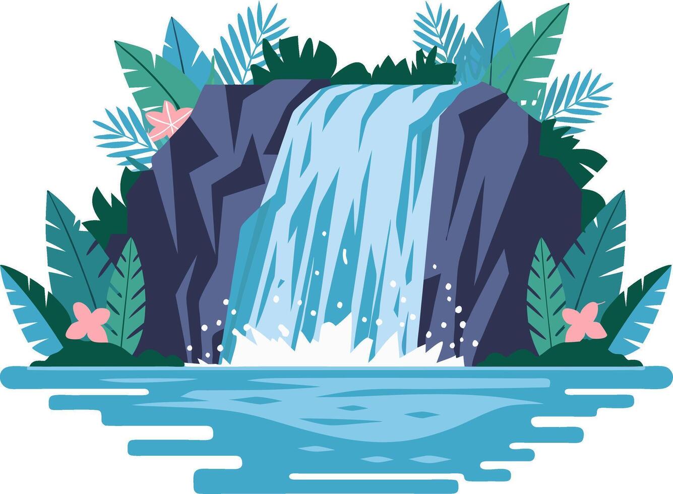 Tropical Waterfall Illustration with Lush Greenery and Blossoms vector