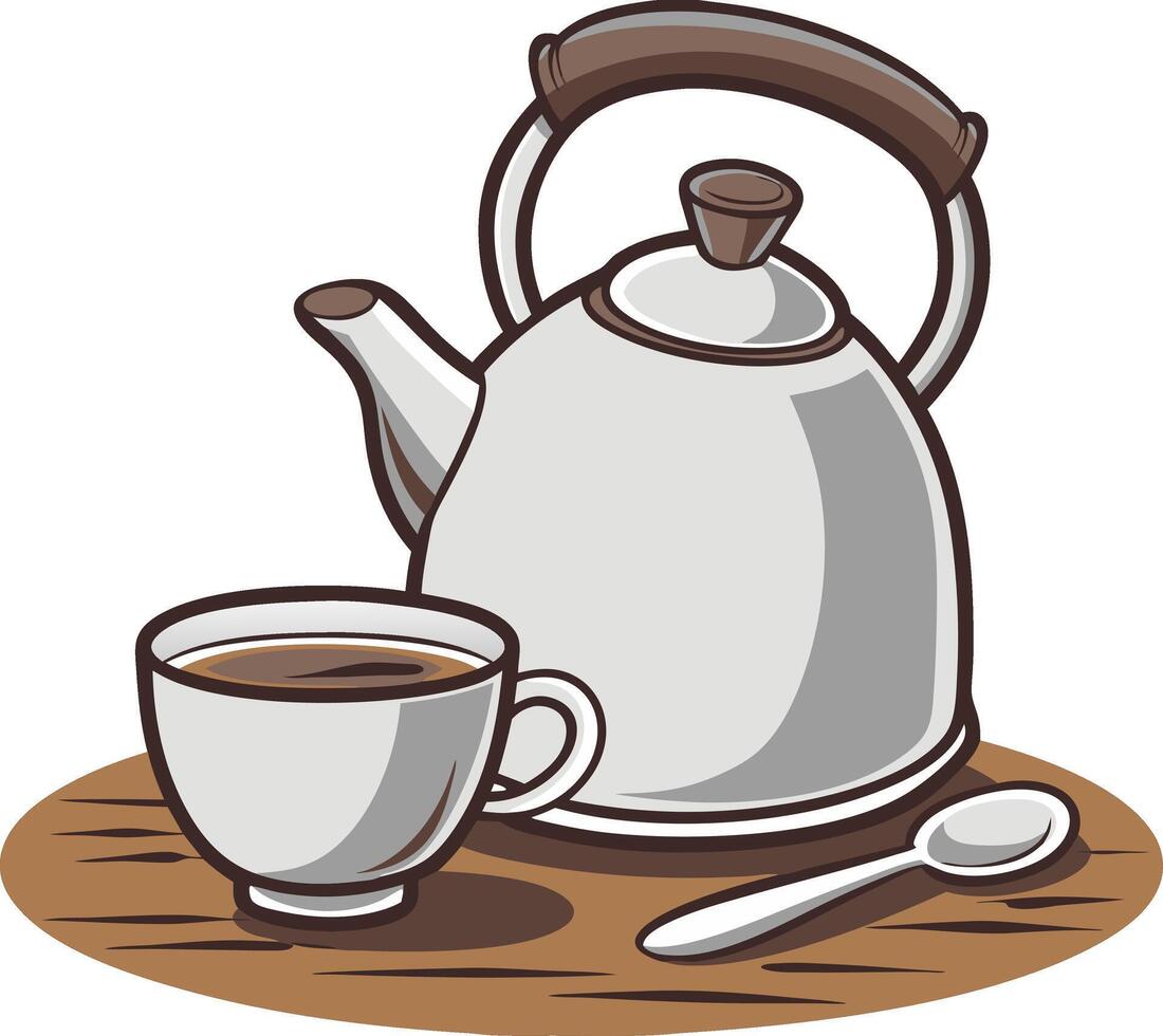 Illustration of Teapot with Coffee Cup and Spoon on Wooden Table vector