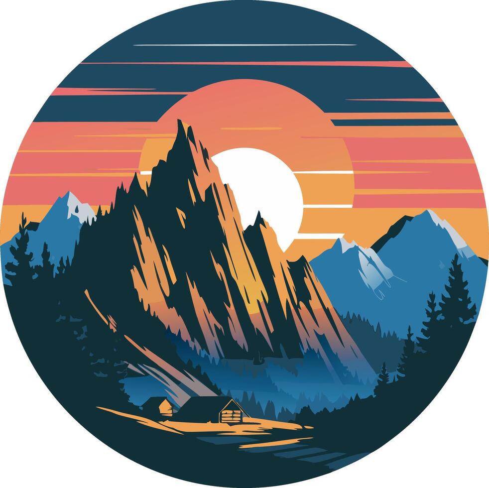 Vibrant Mountain Landscape with Sunset and Cabin in Scenic Art vector