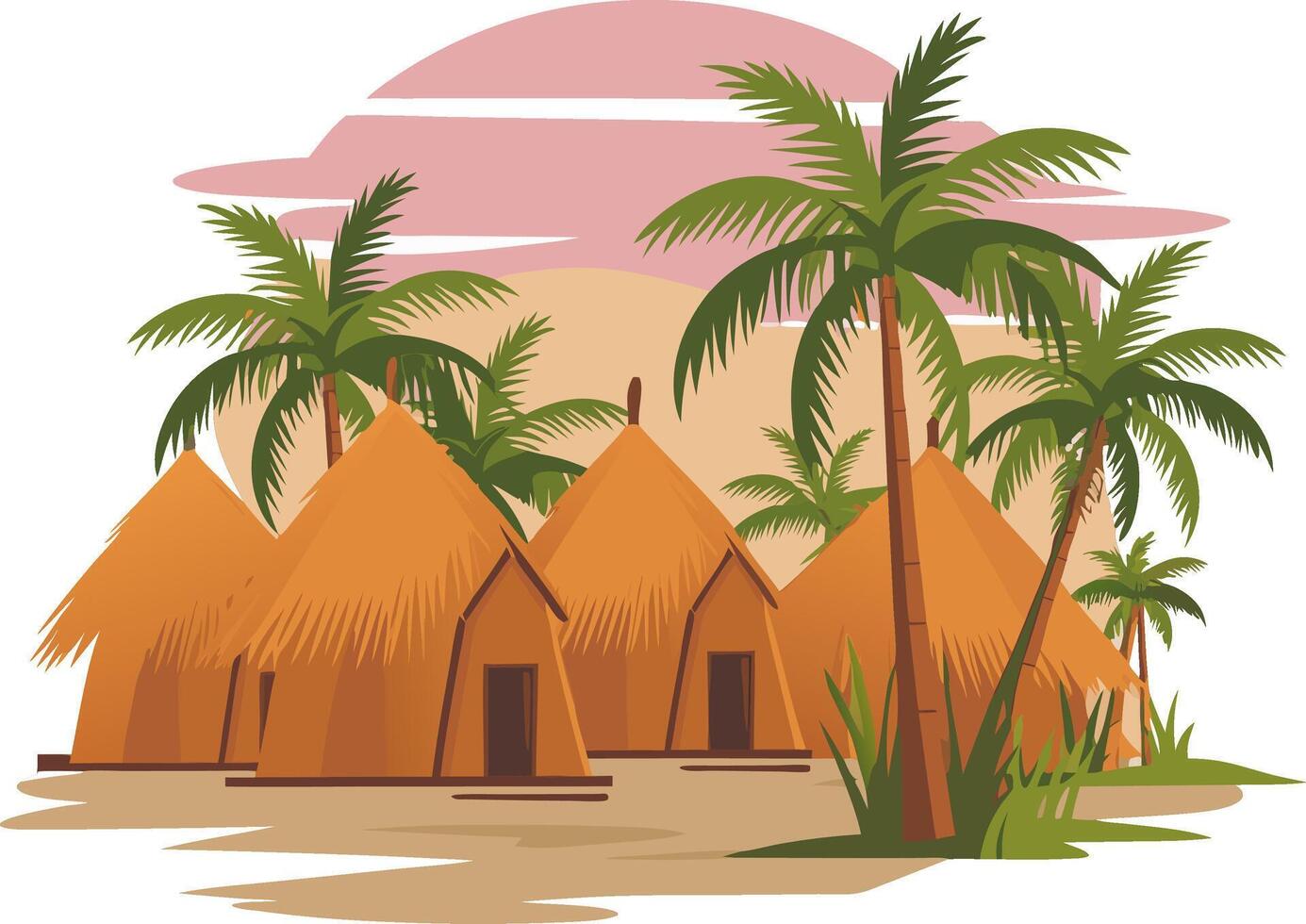 Tropical Village Scene with Thatched Huts and Palm Trees at Sunset Illustration vector