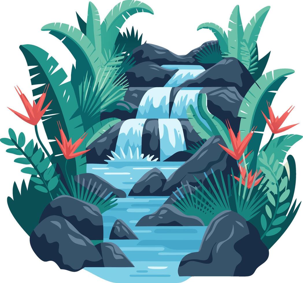 Tropical Waterfall with Lush Greenery and Exotic Flowers Illustration vector