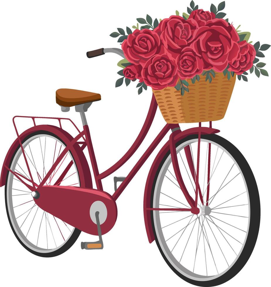 Vintage Red Bicycle with Basket of Red Roses Illustration vector