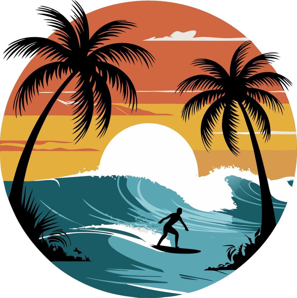 Tropical Sunset Surfing with Palm Trees and Ocean Waves Silhouette Art vector