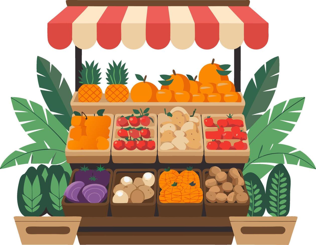 Vibrant Market Fruit Vegetable Stand Illustration with Tropical Plants vector