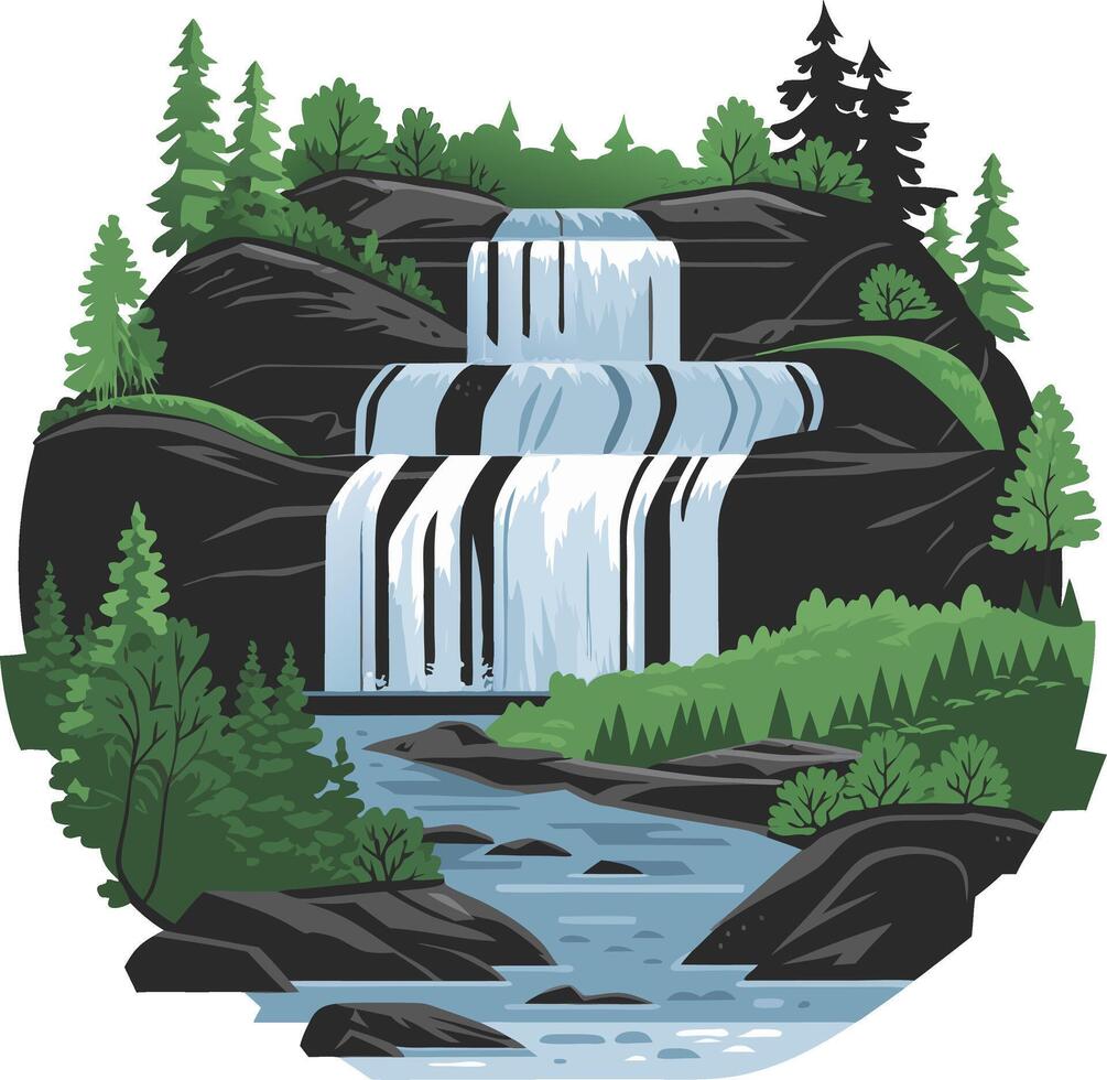 Illustration Cascading Waterfall in Forest Landscape with Lush Greenery and Rocks vector