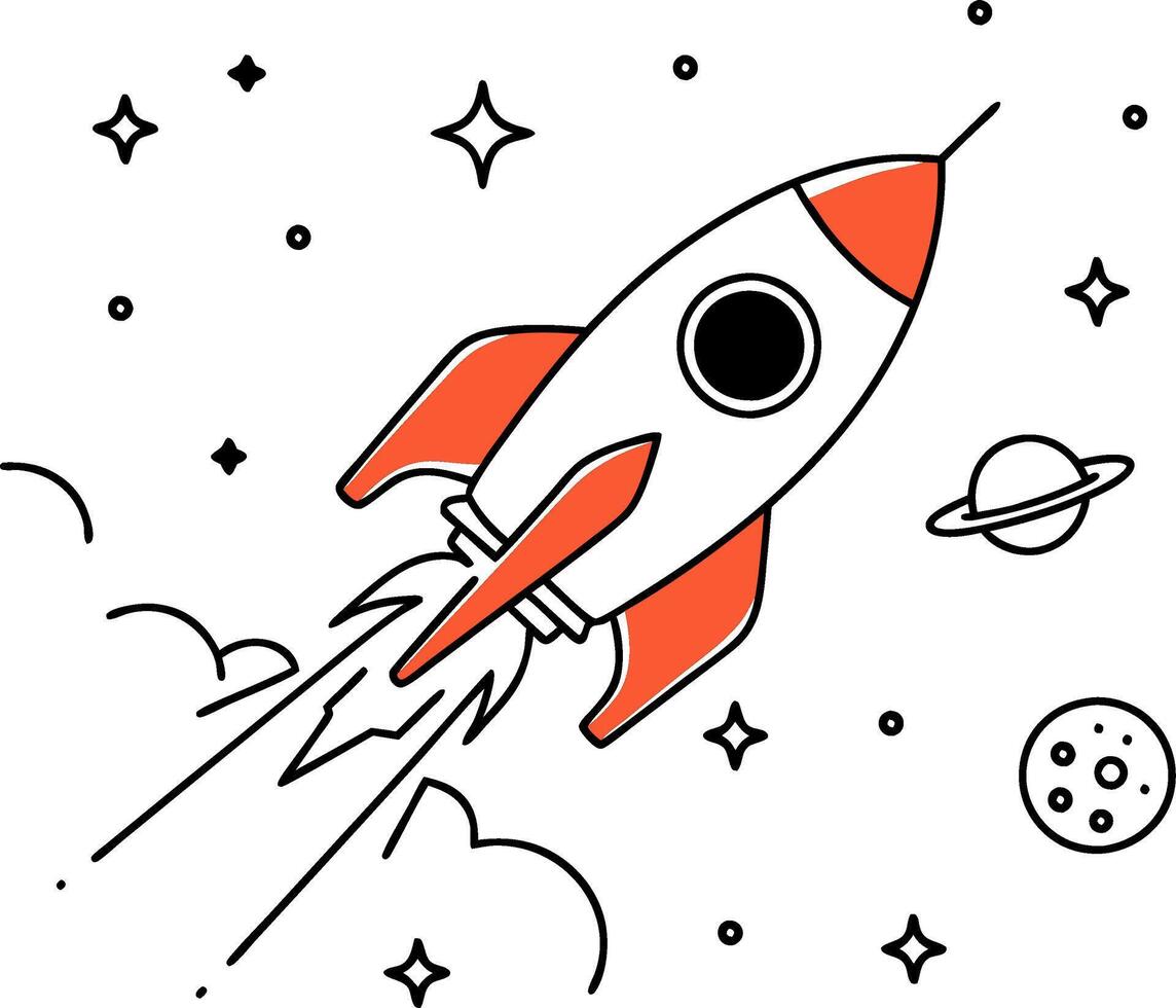 Illustration Rocket Ship in Outer Space with Stars and Planets vector