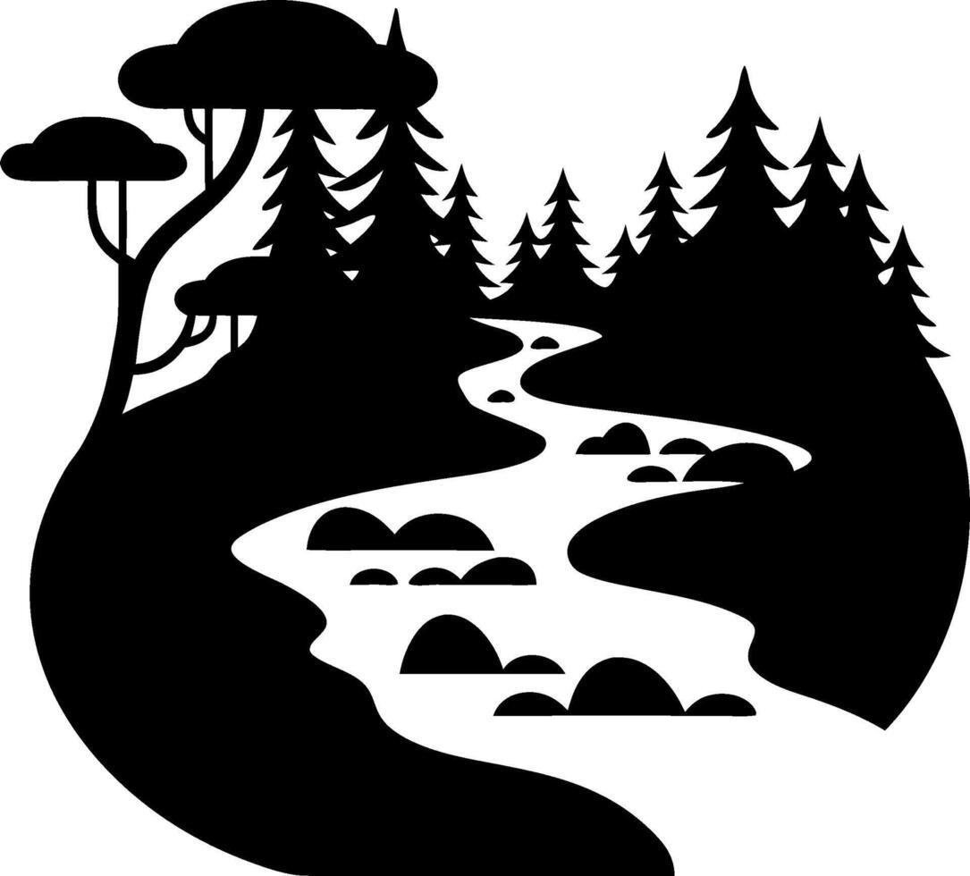 Silhouette Forest River Scene with Trees and Rolling Hills vector