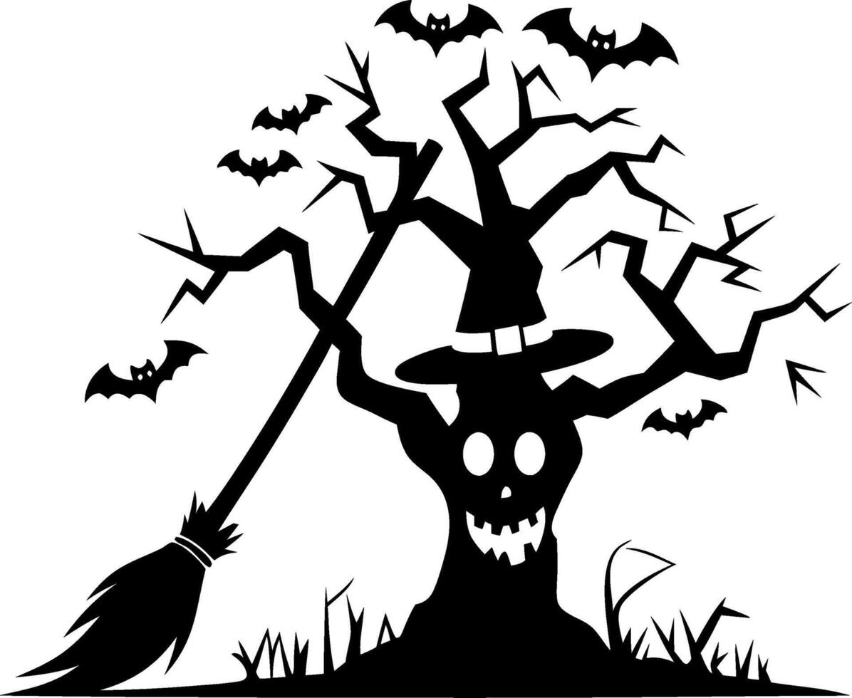 Spooky Halloween Tree with Witch Hat Bats and Broom Silhouette vector