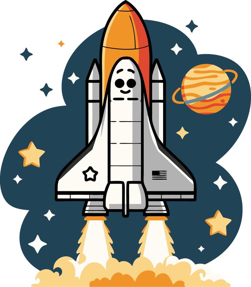 Space Shuttle Cartoon Illustration with Stars and Planets vector