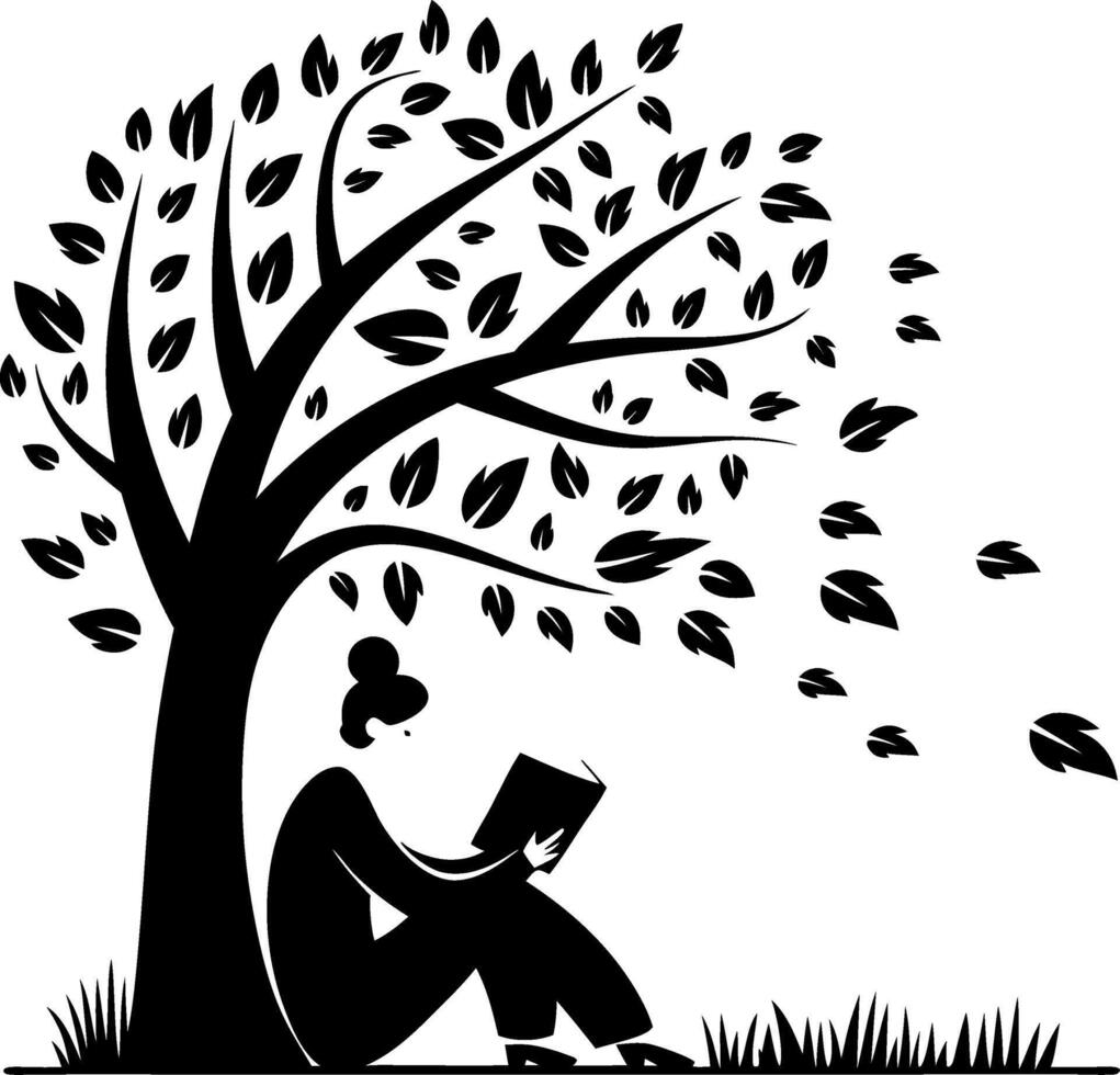 Silhouette Woman Reading Under Tree with Falling Leaves Symbolizing Peace vector