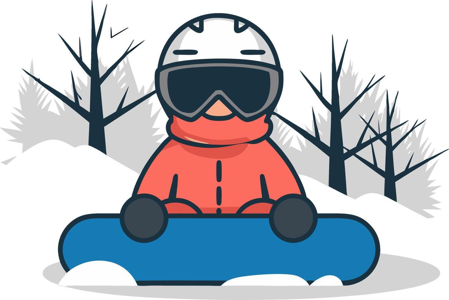 Illustration Winter Snowboarder Cartoon in Snowy Forest Scene vector