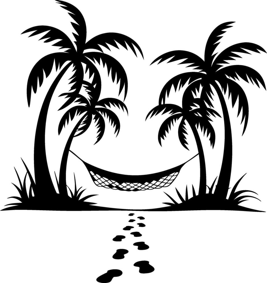 Tropical Paradise Silhouette with Hammock and Palm Trees vector