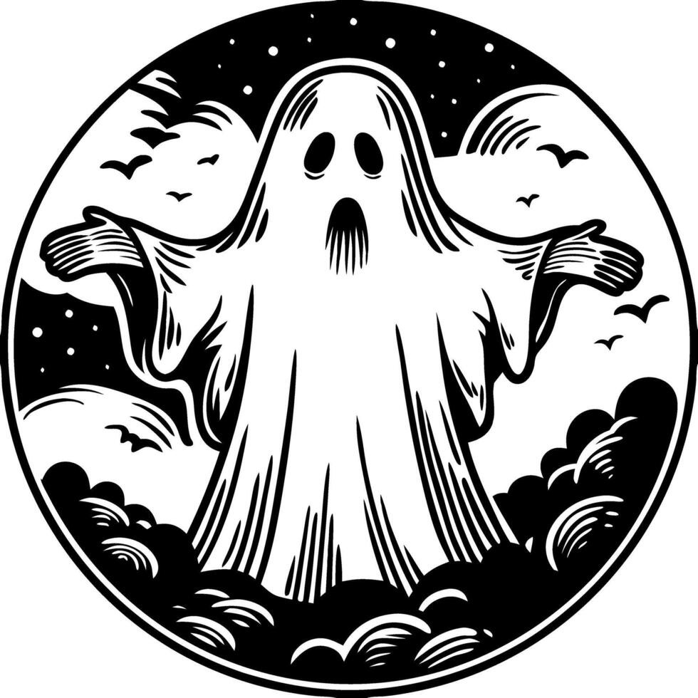 Spooky Ghost Illustration in Night Sky with Bats and Stars for Halloween Decorations vector