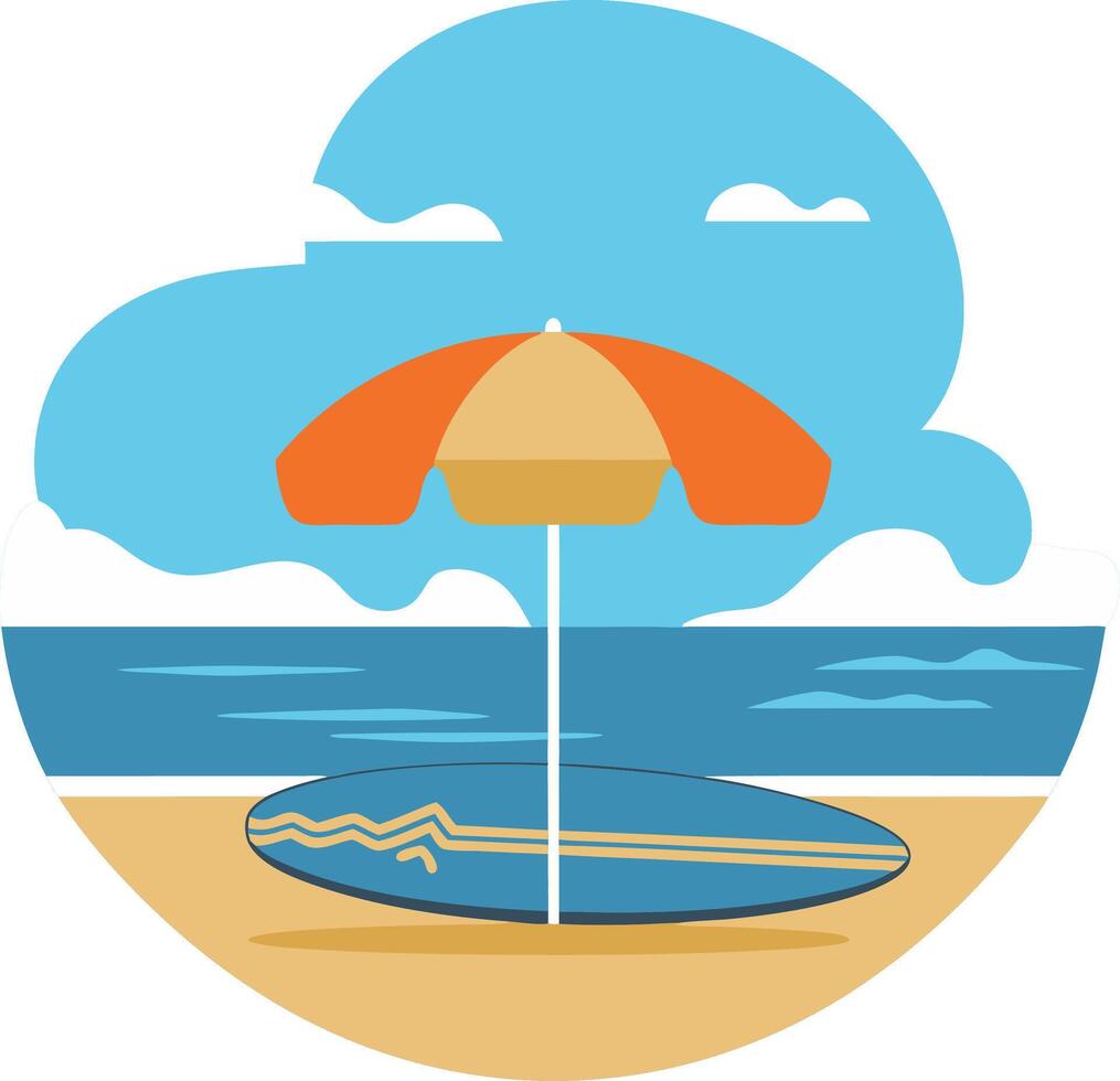 Vibrant Beach Scene with Umbrella Surfboard and Ocean Waves Illustration vector